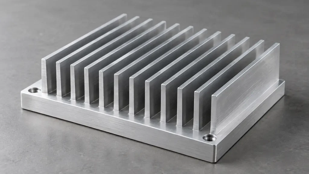AI-generated concept of a machined aluminum heat sink with parallel fins and mounting holes on a gray surface; not a customer part.