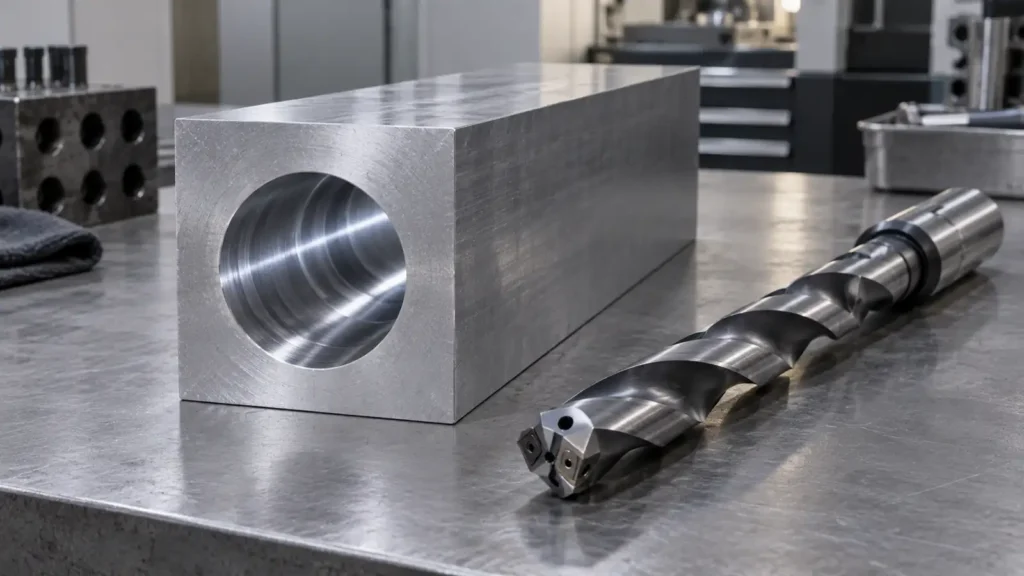 AI-generated concept of an aluminum block with a long bore and a cutting tool beside it; not a customer part or proof of capability.