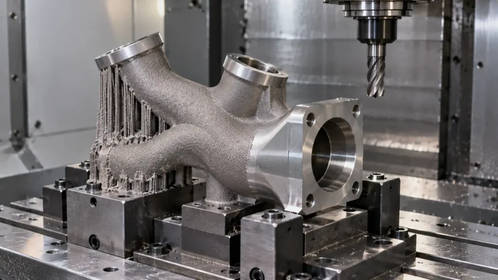 Conceptual metal additively manufactured manifold blank on a CNC fixture, with an as-built surface and machined port face.