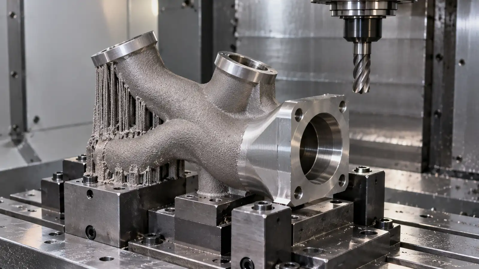Conceptual metal additively manufactured manifold blank on a CNC fixture, with an as-built surface and machined port face.