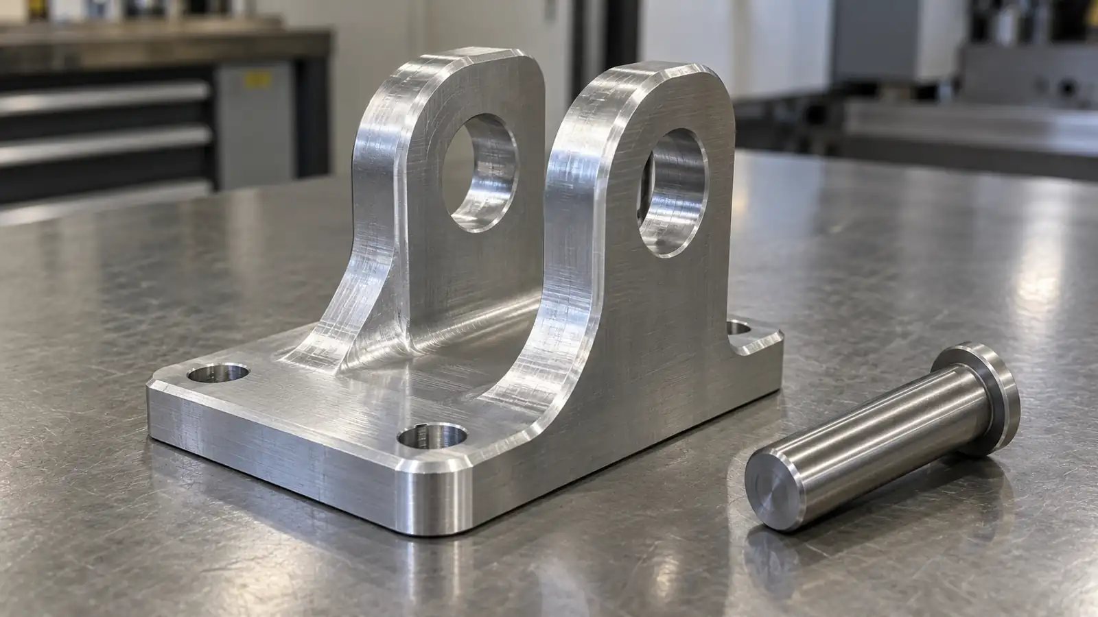 Conceptual aluminum clevis bracket with two parallel fork ears, aligned through-holes and a loose steel pivot pin