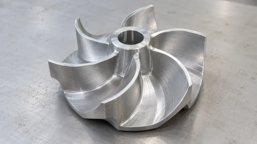 AI-generated concept of an unshrouded machined metal impeller with curved blades and a central bore.
