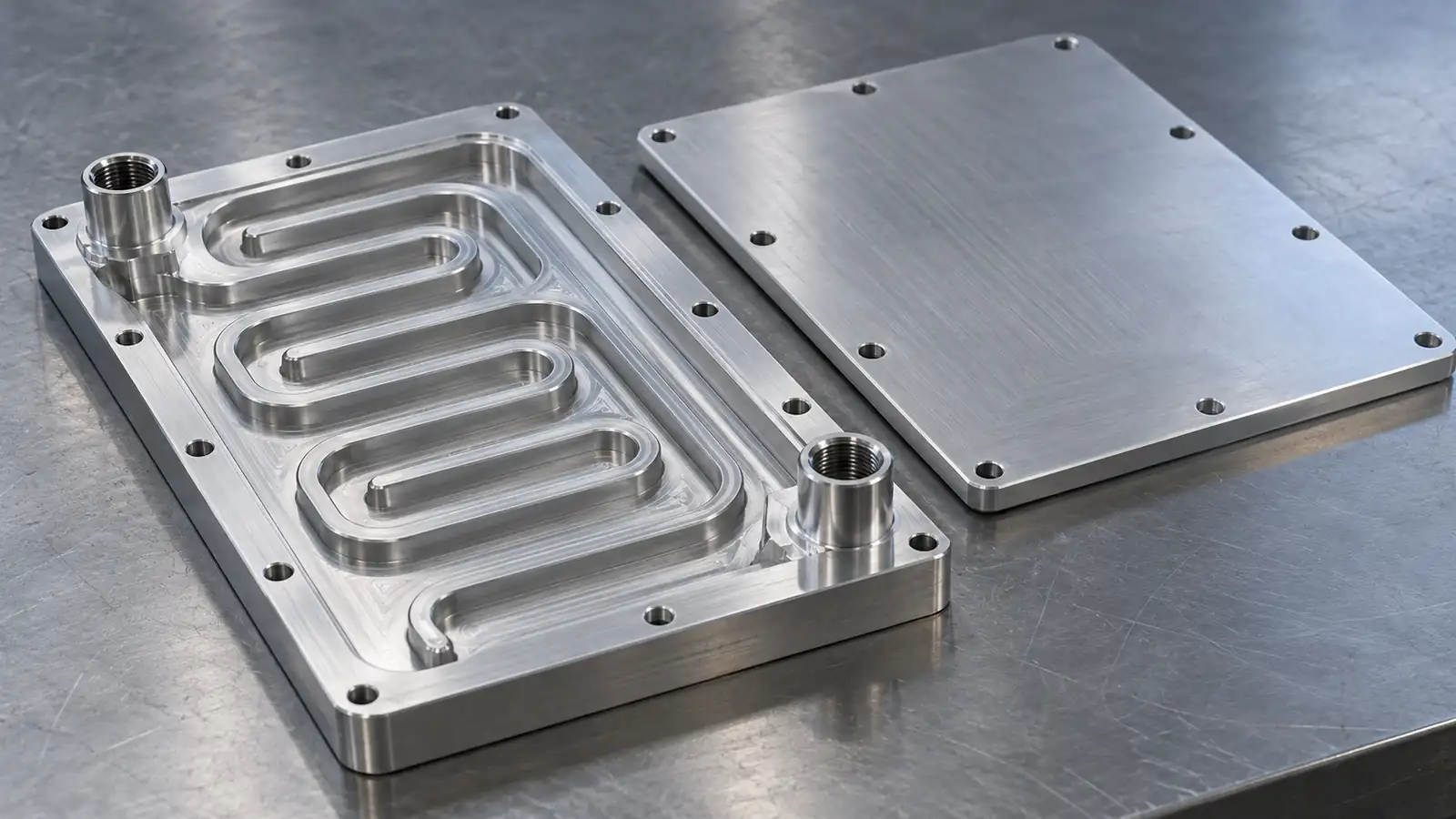 Conceptual aluminum liquid cold plate base with open channels, separate cover and two port bosses