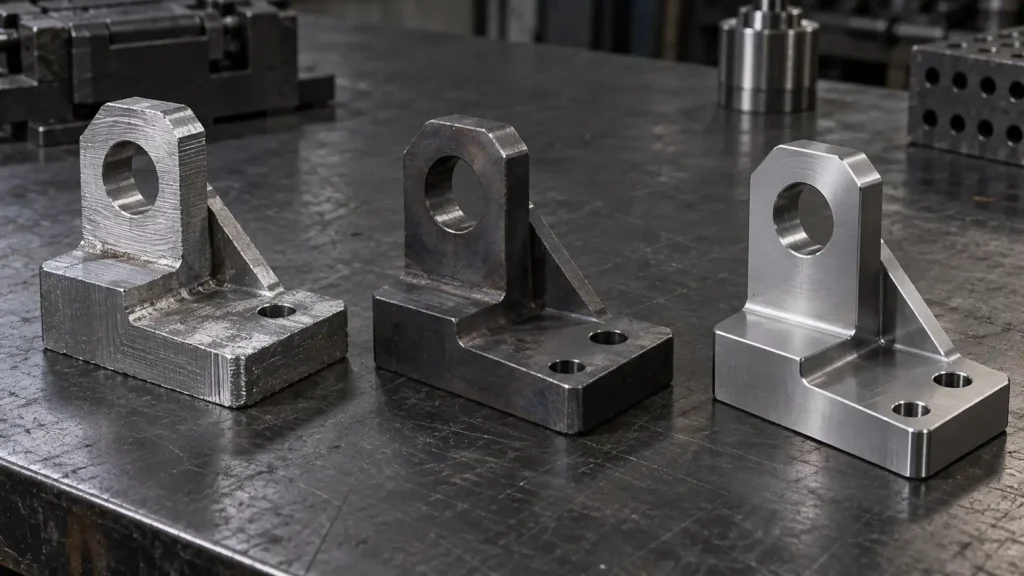 Conceptual steel bracket forms representing rough machining, intermediate heat-treatment condition, and finish machining
