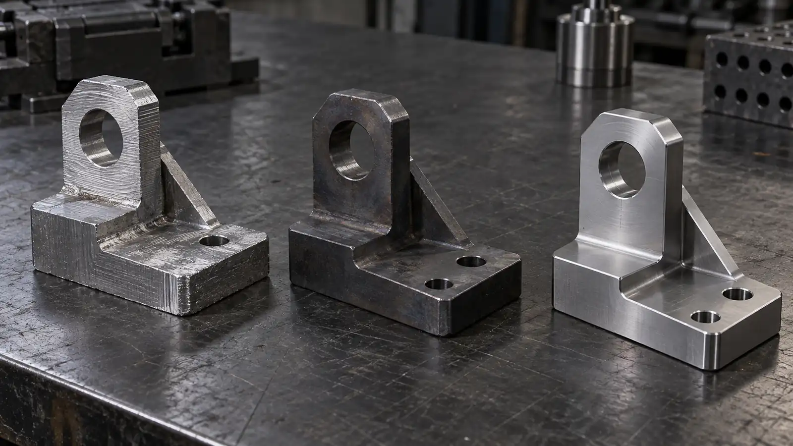 Conceptual steel bracket forms representing rough machining, intermediate heat-treatment condition, and finish machining