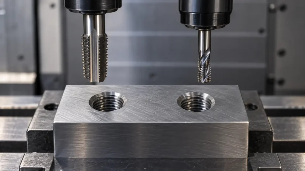 Conceptual machined steel block with two internal threads and separate tapping and thread-milling tools held above the holes