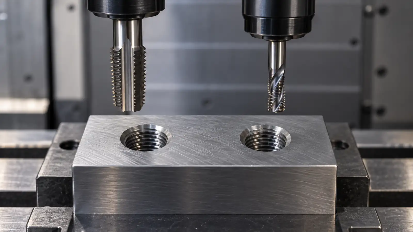 Conceptual machined steel block with two internal threads and separate tapping and thread-milling tools held above the holes