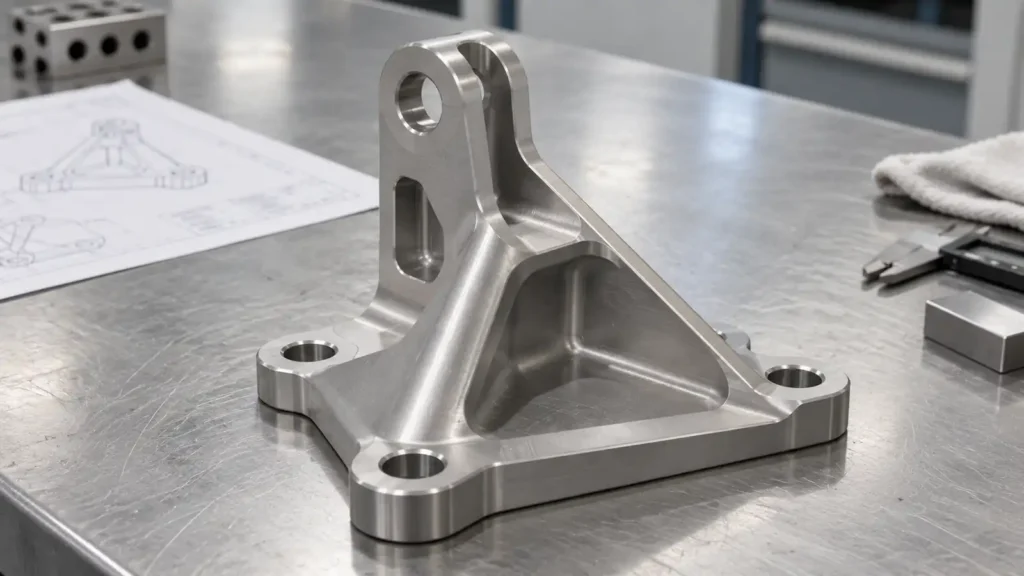 AI-generated concept of a machined metal bracket with a large pocket and mounting bores on a workbench.