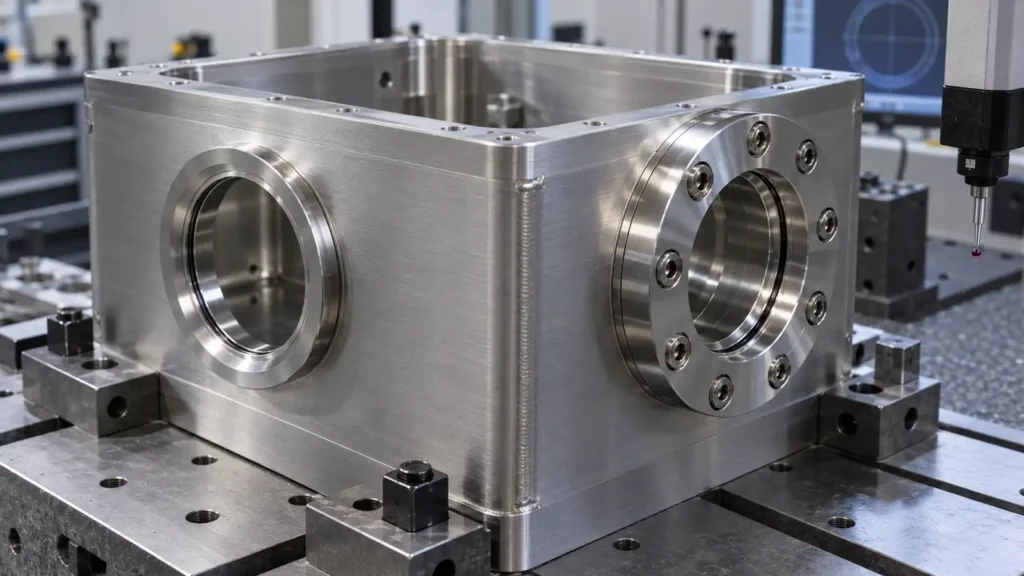 Conceptual stainless vacuum chamber on a fixture with circular ports on adjacent faces.
