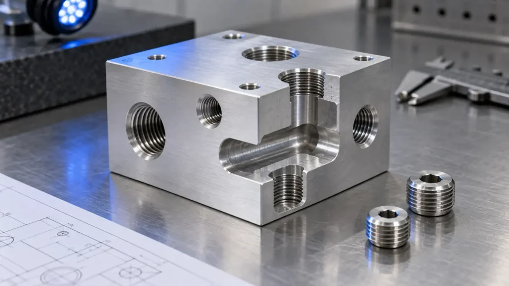 AI concept of a generic aluminum fluid manifold with cross-drilled passages and loose threaded plugs