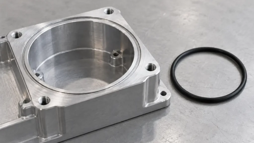 AI concept of a machined aluminum housing with one empty circular face-seal groove and a loose black O-ring beside it