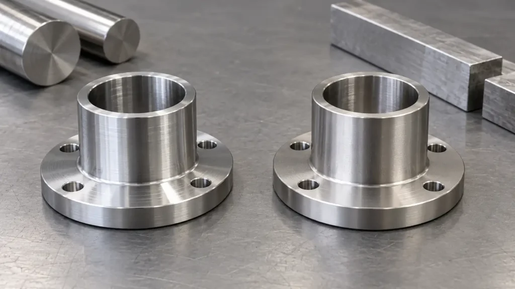 AI-generated concept of two similar stainless steel flanges; image cannot identify whether either is 304 or 316L.