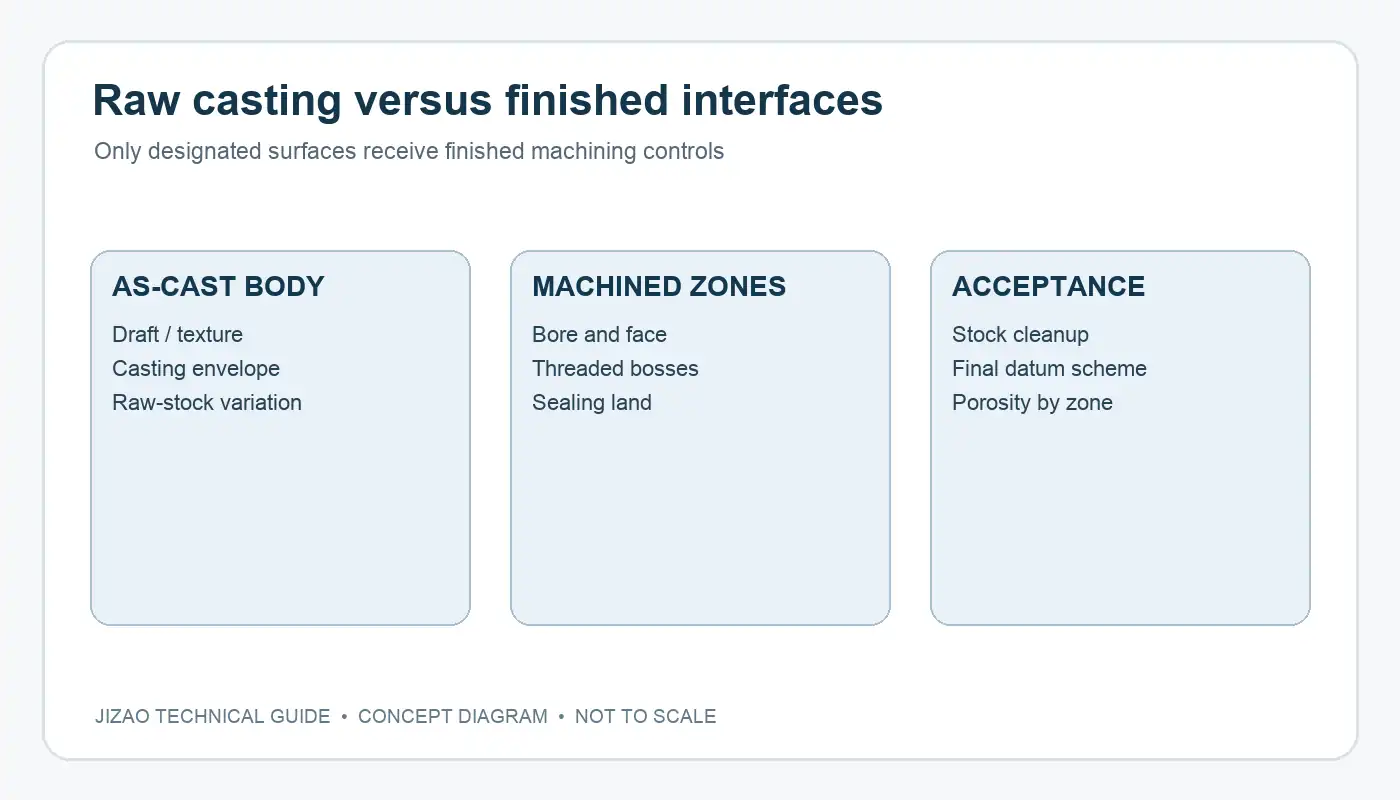 Concept diagram distinguishing raw casting envelope from machined bore, face and seal zones