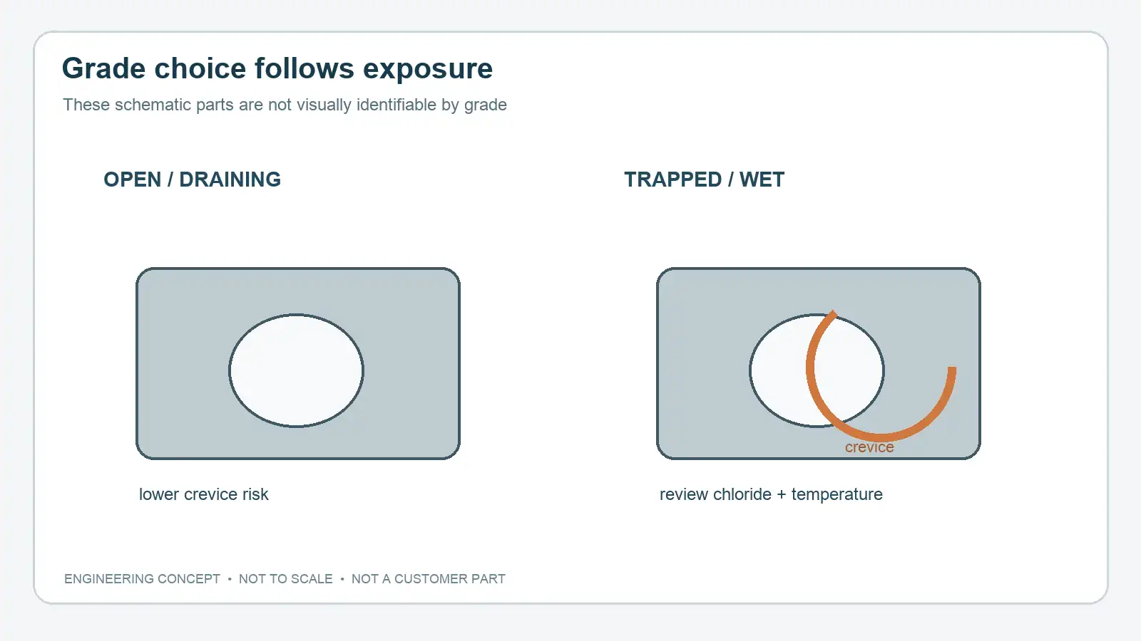 Concept comparison of open/draining and trapped/wet component geometry; not to scale.