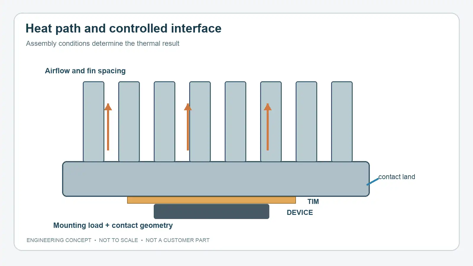 Schematic showing heat flow through a finned aluminum base and a thermal interface material to a device; not to scale.