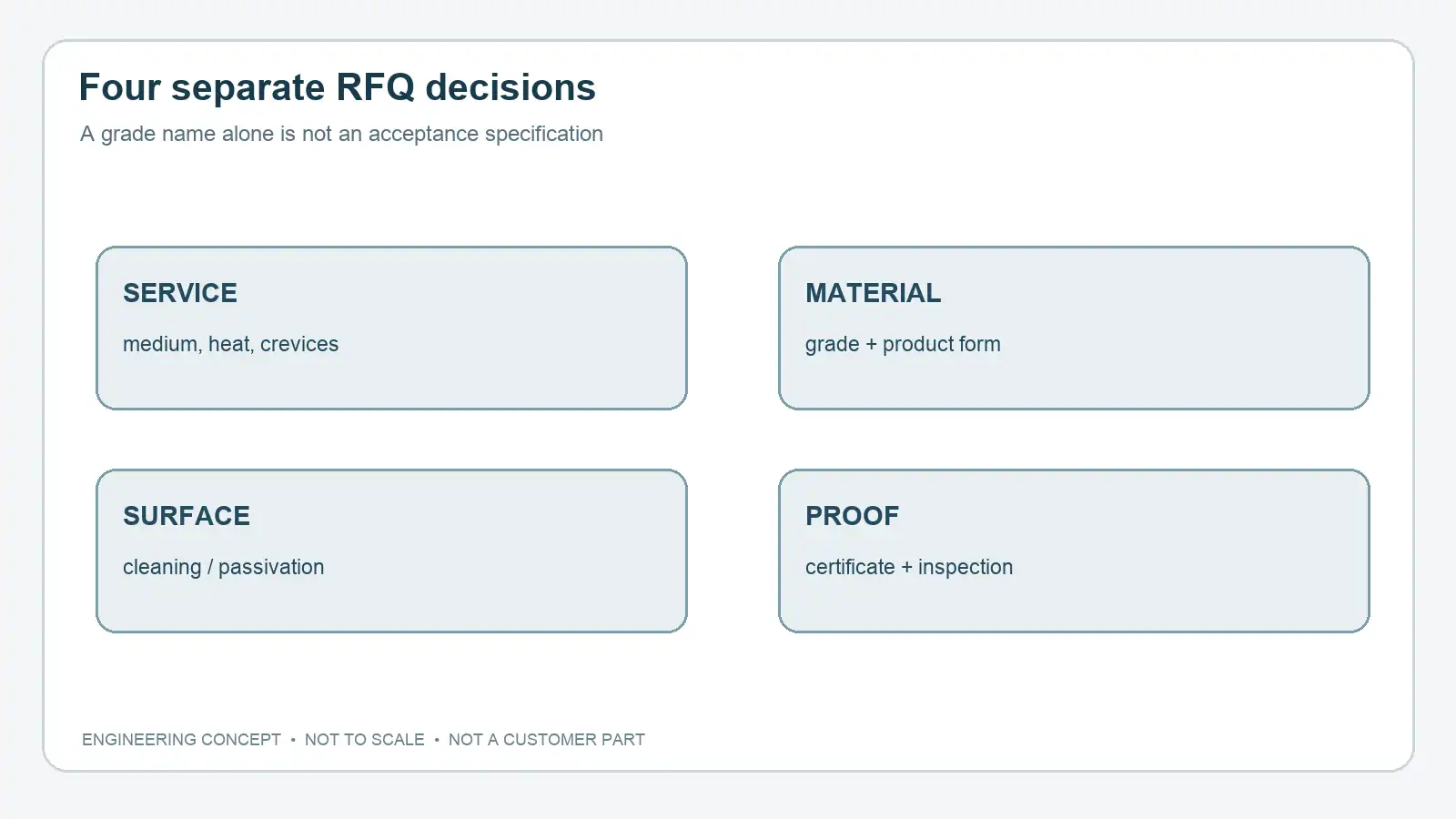 Four-part concept diagram of environment, grade and stock form, surface treatment and traceability requirements.